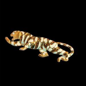 Gold Tone Enamel Tiger Brooch Pin With Rhinestone Eye Striped Design 3" Elegant